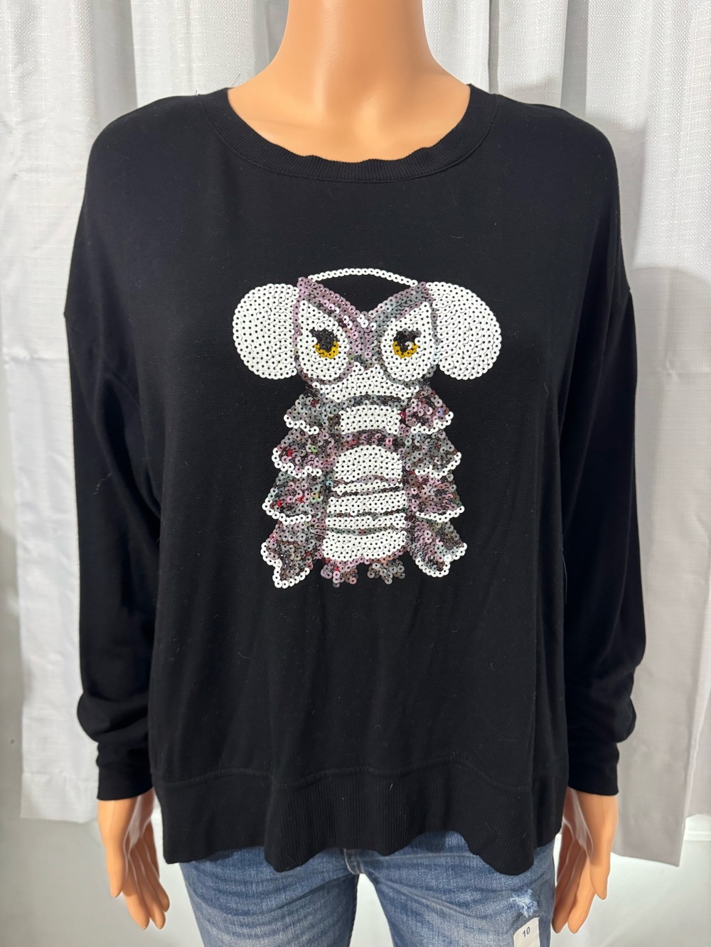 Cute Cynthia Rowley size M black long sleeve sequin owl pullover shirt new